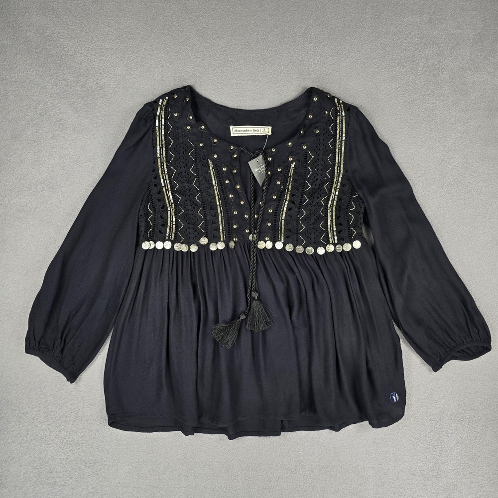 Abercrombie & Fitch Blouse Womens Small Black Boho Embroidered Peasant Top NWT - Picture 3 of 13
